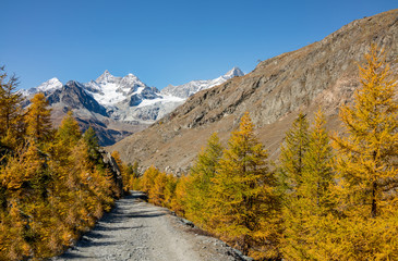 Autumn landscape of Five lakes trail in Zermatt, Switzerland.