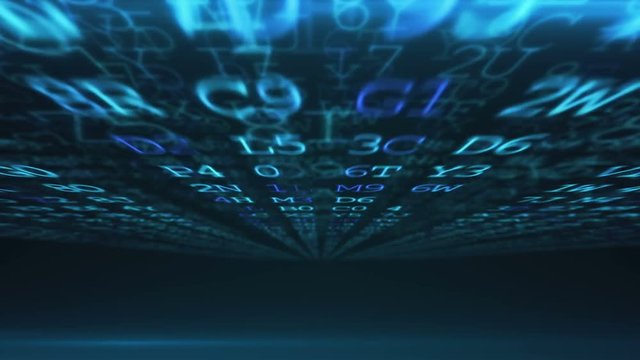 Abstract flight of the camera in the space above the surface of the hexadecimal code