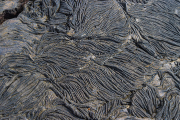 Pahoehoe or rope lava, on Rabida Island, Galapagos. It is formed of igneous rock, which create bizarre patterns as it cools known as lava sculpture.