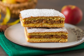 Home baked apple cake on rustic autumn table