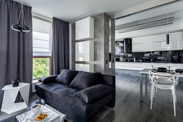 Living room with gray couch