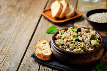 Roasted eggplant pine nuts mint barley salad