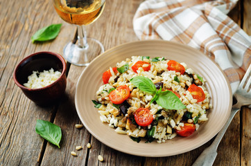 Roasted eggplant and tomato Basil orzo