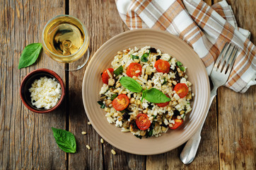 Roasted eggplant and tomato Basil orzo