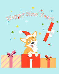 Christmas card with cheerful puppy corgi. New Year of the dog. Vector illustration