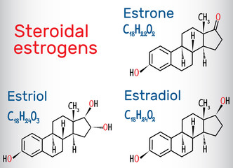 Chemical formulas of steroidal estrogens: estradiol, estriol, estrone