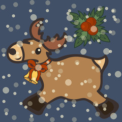 Toy reindeer with bell, Christmas decoration vector isolated on dark. Old wooden toy in form of deer. Lovely simple children's toy. Christmas Happy New Year design, flat style, holly