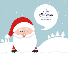 santa claus behind blank banner christmas gretting text winter landscape background