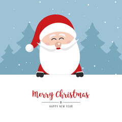 santa claus behind blank banner showing christmas greeting text winter landscape background