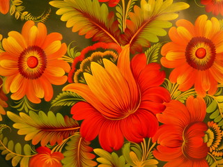 Beautiful red flowers painted on a black tray. Russian souvenir