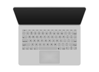 Fototapeta na wymiar Realistic silver open notebook off a dark screen with a keyboard and black letters and numbers on a white background. Top view of laptop with black monitor. Portable tablet with keyboard