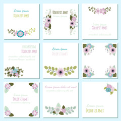 Fototapeta na wymiar Set with cute vector cards with flower motifs - brochure designs