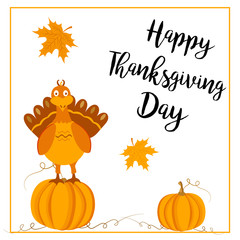 Thanksgiving postcard with funny turkey and pumpkins