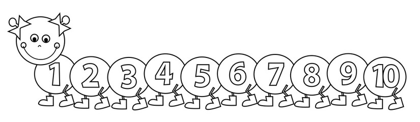 happy, smiling caterpillar with numbers 1 - 10 / coloring page for children