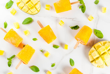 Ice cream, popsicles. Organic dietary foods, desserts. Frozen mango smoothie, with mint leaves and...