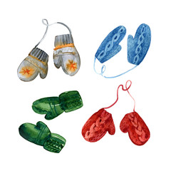 Knitted mittens set. Watercolor illustration