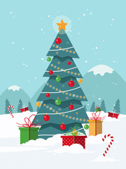 Christmas Background with Christmas Tree and Gifts. Flat Design Style. 