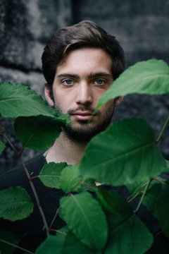 Portrait of a handsome young man with leaves