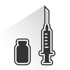 Black and white syringe and vial of medicine with shadow. Vector illustration