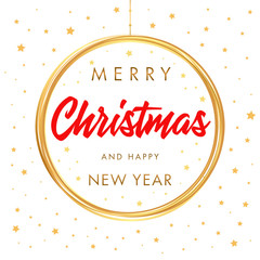 Merry Christmas and Happy New Year calligraphic white banner. Christmas golden ball vector design card template. Creative typography text for Holiday greeting
