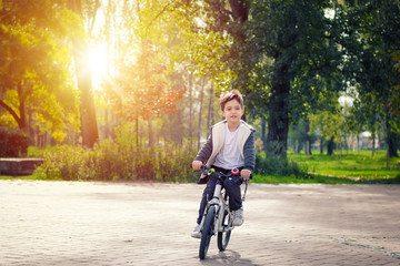 Cute boy riding bicycle in the park.
