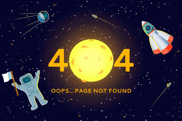 Error message 404 page not found template for website design,space theme icons.Small rockets,astronaut,spaceship,sputnik and null in form of moon.Text- Oops Page Not Found.
