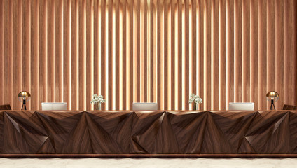 Reception desk in front of decorative  wood wall 3D Rendering