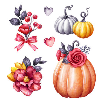 autumn watercolor pumpkin illustration, Halloween ornaments, fall flowers, squash, gourd, festive clip art, design elements isolated on white background