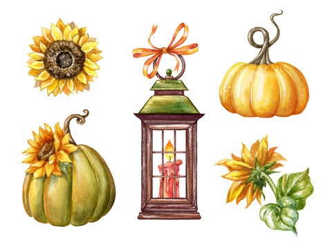 watercolor countryside rustic elements, autumn pumpkin set,sunflowers, lantern,  thanksgiving clip art set
