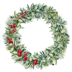 Watercolor winter floral wreath with white and red berries. Hand painted christmas tree and snowberry branch isolated on white background. Christmas botanical frame for design or print. Holiday plant.
