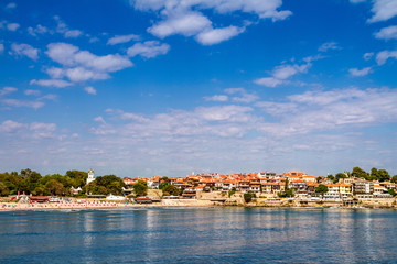 Coastal landscape town of Sozopol under the sky with clouds, the Black Sea coast in Bulgaria