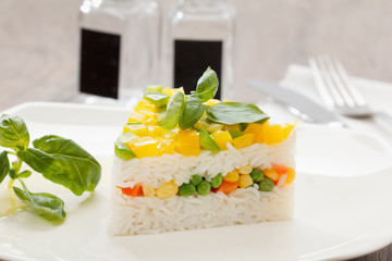 Vegetarian food, rice salad with vegetables, healthy meals