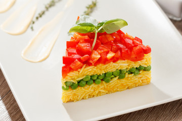 Vegetarian food, rice salad with vegetables, healthy meals