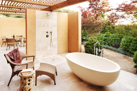 Luxury resort room with outdoor bathtub in California