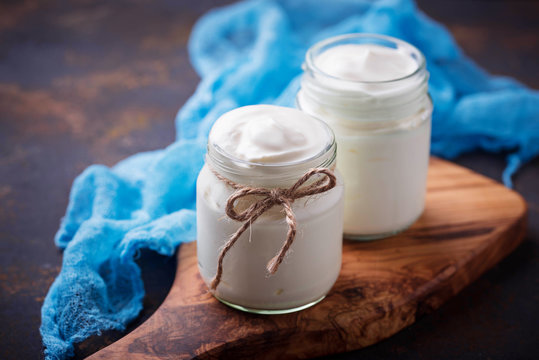 Natural Greek Yoghurt In Glass Jars. 