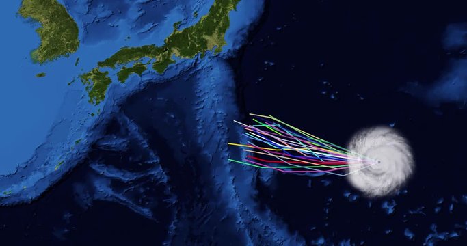 Spaghetti plot of a hurricane with landfall at southern Japan. Two versions: zoom/no zoom. Data: USGS/NASA Landsat
