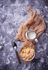 Corn flake and milk . Healthy breakfast