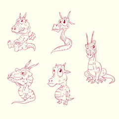 Collection of line drawing vector illustrations of baby dragons