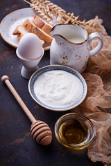 Yogurt, boiled egg, milk and honey. 