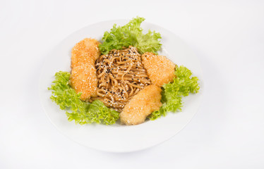 fried chicken with pasta in white plate, isolate