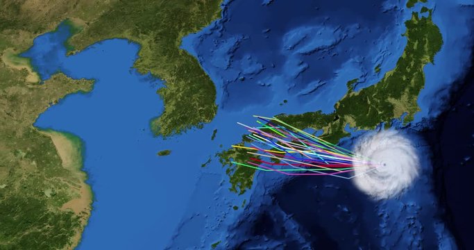 Spaghetti plot of a hurricane with landfall at the Korean Peninsula. Two versions: zoom/no zoom. Data: USGS/NASA Landsat