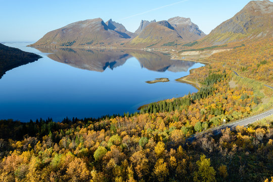 Perfect autumn day with a view over Bergsbotn on Senja island