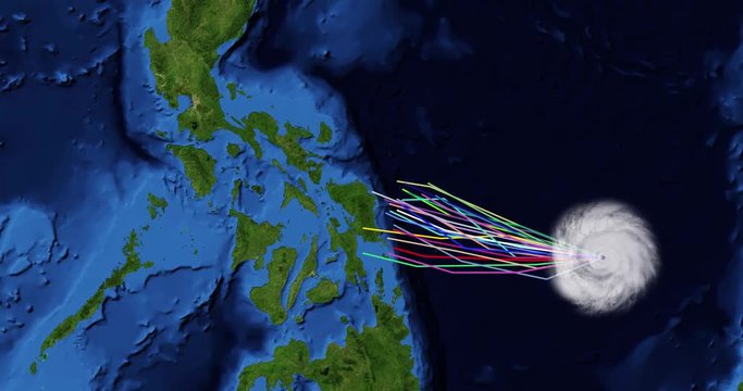 Spaghetti plot of a hurricane with landfall at the northern Philippines. Two versions: zoom/no zoom. Data: USGS/NASA Landsat