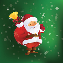 Santa Claus with gift bag and bell in hand.