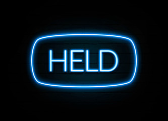 Held  - colorful Neon Sign on brickwall