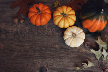 Fall Thanksgiving season still life with orange, yellow and white pumpkins, acorns and autumn leaves over rustic wood background shot from directly above