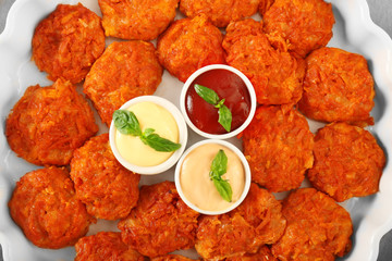 Baking dish with tasty sausage balls and sauces, closeup