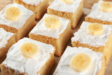 Pieces of tasty banana cake, closeup