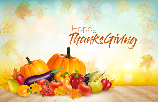 Happy Thanksgiving Background with colorful fruit and vegetables. Vector.
