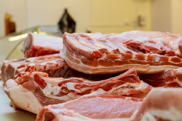 Fresh pork is sold in the fresh market.